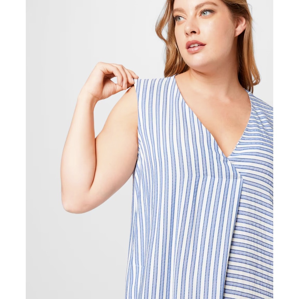 Persona by Marina Rinaldi Blue White Striped V-Neck Sleeveless Midi Dress 16